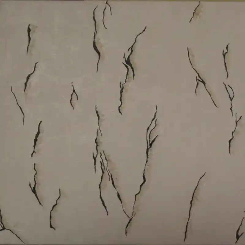 Canvas artwork titled 'Deep Cut', featuring dark, irregular crack‑like lines across a pale background, forming an abstract fractured pattern.”