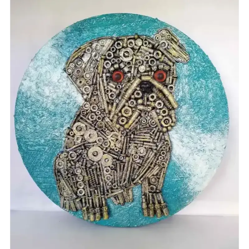 Faithful Guardian, a mixed-media portrait of a pug with a soft blue circular background, showing the dog's gentle, loyal expression and textured features.