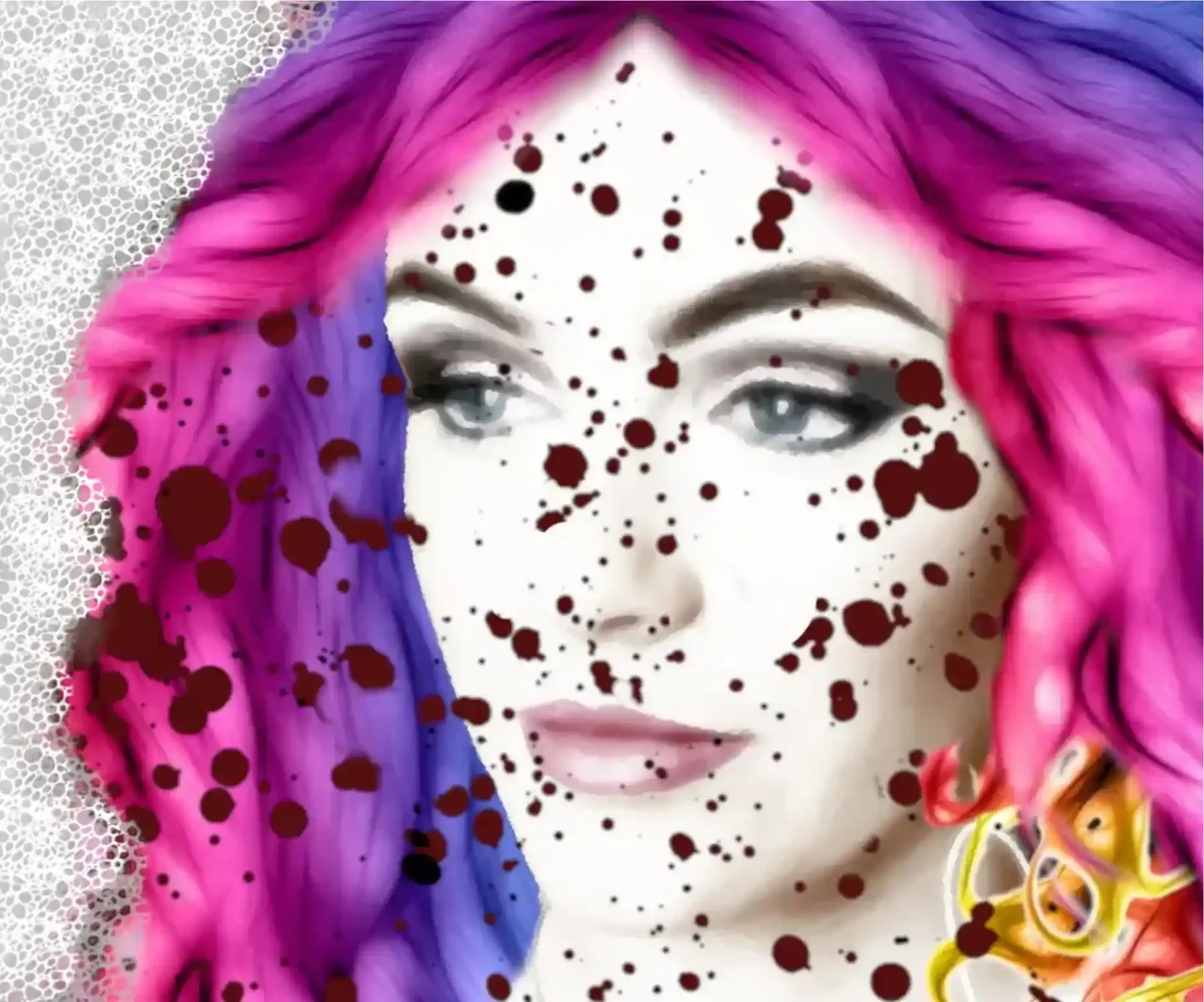 Acrylic portrait painting with pink and purple hair and expressive paint splatters