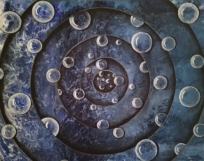 Blue Vortex, fluid blue currents replace defined spirals, while translucent orbs drift in slow, suspended motion.
