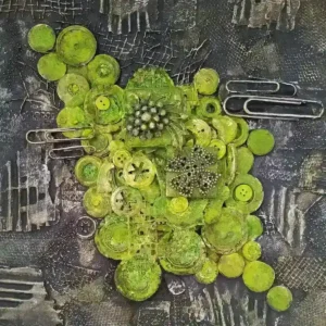 Mixed‑media artwork featuring a clustered arrangement of green and yellow buttons and gears resembling a bunch of grapes, set against a dark textured background with two large paper clips on either side.