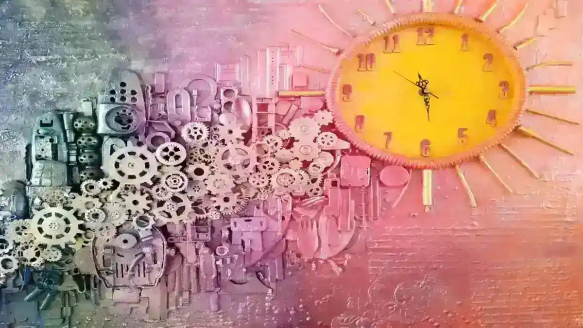 Rainbow City, with a bright orange sun‑like clock, blue and purple cogs forming an abstract skyline and reflection, with strong texture and raised three‑dimensional elements.