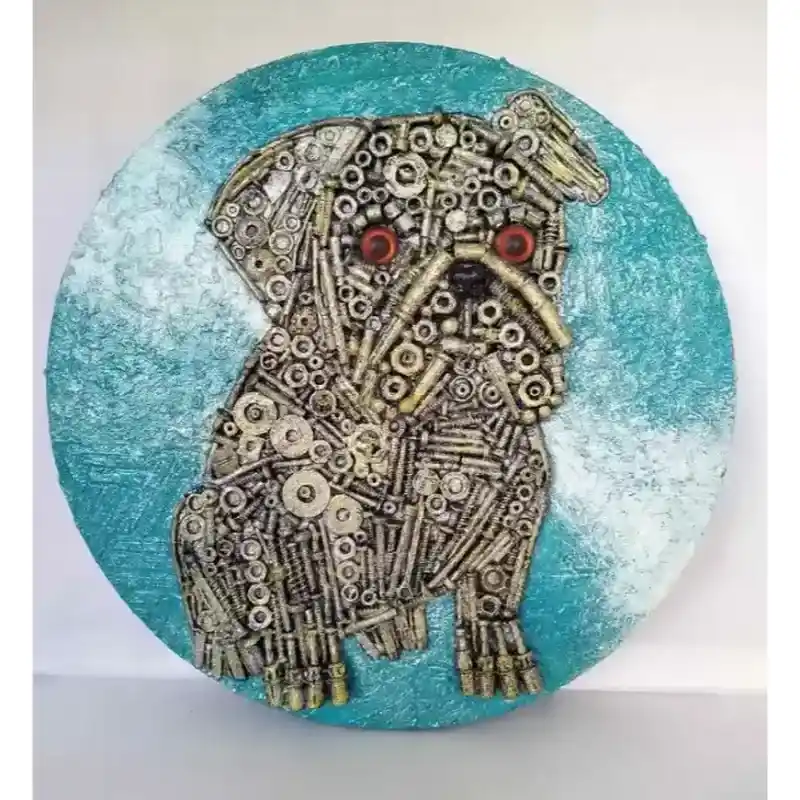 Faithful Guardian-Pug, a mixed-media portrait of a pug with a soft blue circular background, showing the dog's gentle, loyal expression and textured features.