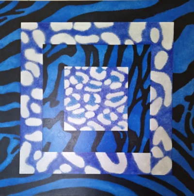 4-Blue skins 4 Blue Skins is an acrylic painting in which I explore the symbolic power of four big cats — zebra, leopard, tiger, and jaguar — through layered colour, texture, and pattern.