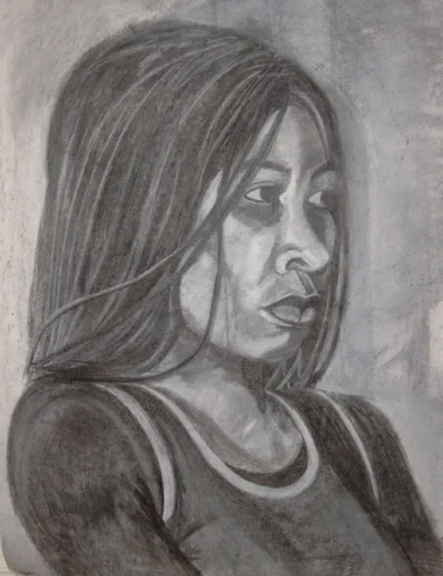 Young Woman Young Woman, using charcoal’s raw, expressive qualities to capture not only her likeness but the subtle tension beneath her calm exterior.