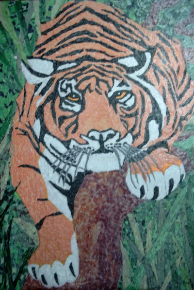 Tiger-1 Tiger‑1 is a dynamic torn‑paper collage in which I meticulously arrange fragmented pieces of coloured paper to form a powerful, expressive image of a tiger.