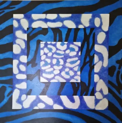 4-Blue skins 4 Blue Skins is an acrylic painting in which I explore the symbolic power of four big cats — zebra, leopard, tiger, and jaguar — through layered colour, texture, and pattern.