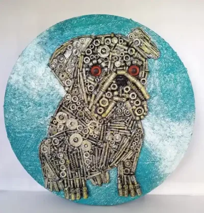 Faithful Guardian-1 Faithful Guardian-1, a mixed-media portrait of a pug with a soft blue circular background, showing the dog's gentle, loyal expression and textured features.