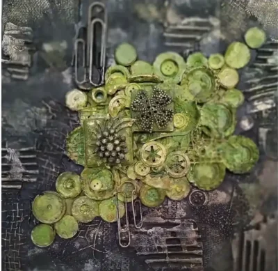 where fragments become fruit Mixed‑media artwork featuring a clustered arrangement of green and yellow buttons and gears resembling a bunch of grapes, set against a dark textured background with two large paper clips on either side.