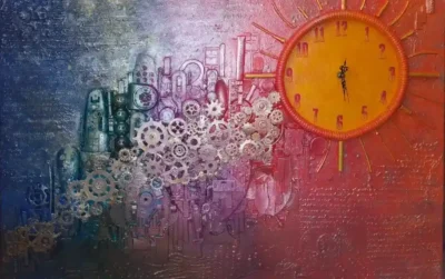Rainbow‑2: Cityscape Rainbow‑2: Cityscape with a bright orange sun‑like clock, blue and purple cogs forming an abstract skyline and reflection, with strong texture and raised three‑dimensional elements.