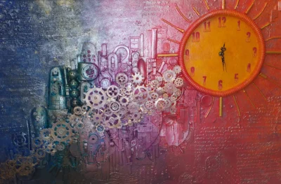 Rainbow City Rainbow City with a bright orange sun‑like clock, blue and purple cogs forming an abstract skyline and reflection, with strong texture and raised three‑dimensional elements.