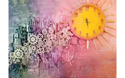 Clockwork City, with a bright orange sun‑like clock, blue and purple cogs forming an abstract skyline and reflection, with strong texture and raised three‑dimensional elements.