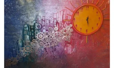 Clockwork City Clockwork City, with a bright orange sun‑like clock, blue and purple cogs forming an abstract skyline and reflection, with strong texture and raised three‑dimensional elements.