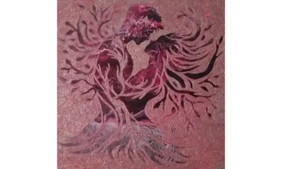 Convergence of 2 Convergence of 2, intertwined human figures form branching, root‑like lines in shades of pink and red, merging together in an abstract mixed‑media composition.