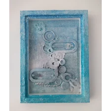 Result-1 an abstract mixed media artwork in shades of blue with textured layers and metallic elements, creating a serene, calming atmosphere