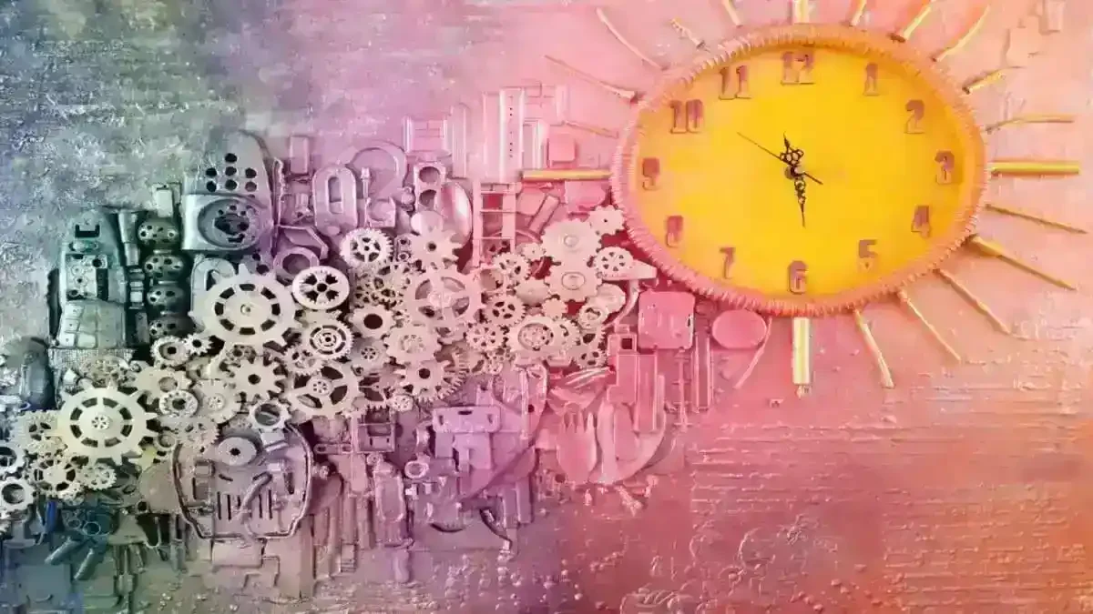 Rainbow City, with a bright orange sun‑like clock, blue and purple cogs forming an abstract skyline and reflection, with strong texture and raised three‑dimensional elements.