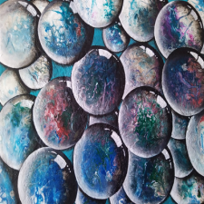 20 Celestial Drifts, Abstract painting featuring twenty marbled circular forms floating across a teal background. Each orb has swirling colours and textures, creating depth and a sense of cosmic motion.