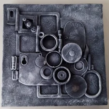 'A Camera Never Lies', Canvas covered in recycled mixed media with a charcoal grey textured finish.