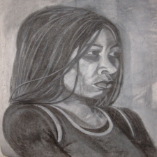 'Young lady 1 solemn look', charcoal drawing of a young lady with thin platted hair